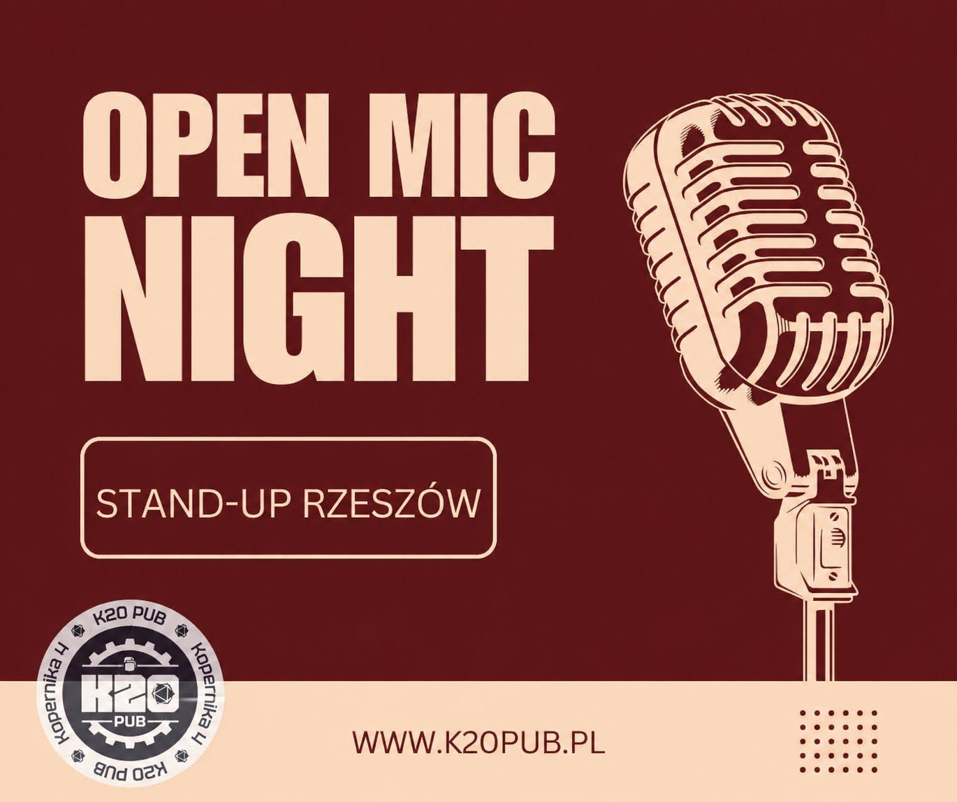 Bordowo-kremowy plakat Open Mic Night w K20 z mikrofonem